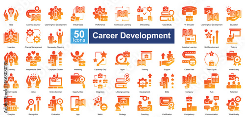 Career Development icon set in glyph gradient color style, featuring 50 icons on training, skill growth, employee success, and career progression. Ideal for HR, education, and professional coaching.