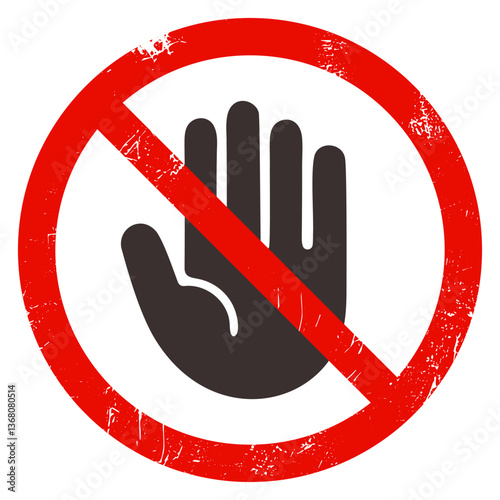 Distressed no entry sign with raised hand symbol inside red prohibition circle, isolated on transparent background. Ideal for warnings, security, and restricted area signs. Vector art