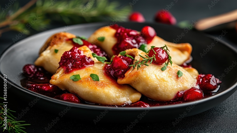 This appetizing plate features dumplings topped with a vibrant cherry sauce, highlighting the delightful blend of flavors and textures that create an unforgettable culinary experience. This appetizing plate features dumplings topped with a vibrant cherry sauce, highlighting the delightful blend of flavors and textures that create an unforgettable culinary experience.