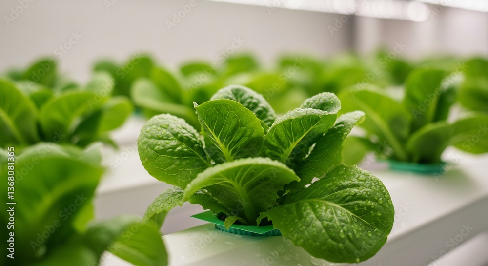 Obraz premium Vibrant green lettuce thrives under bright indoor lights. AI Generated