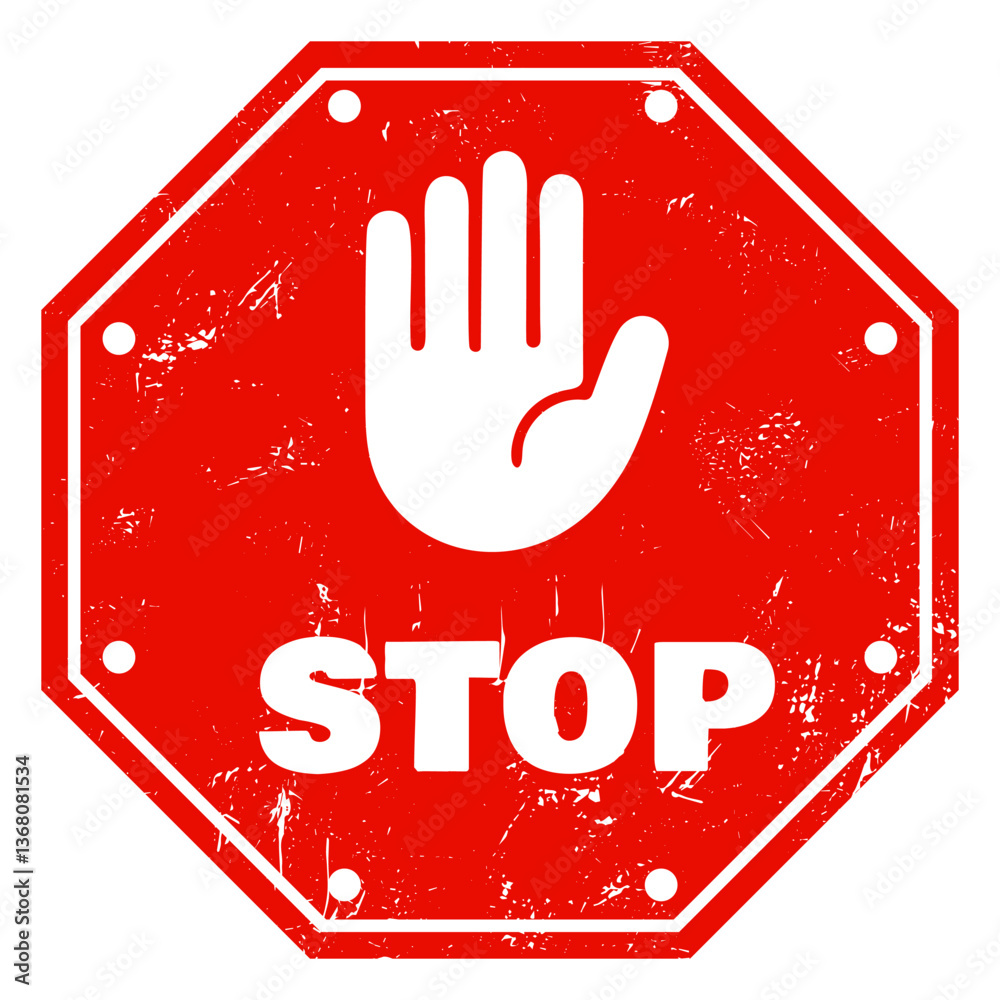 Distressed red stop sign with raised hand symbol, isolated on transparent background. Ideal for warning signs, safety messages, and cautionary designs. Vector art
