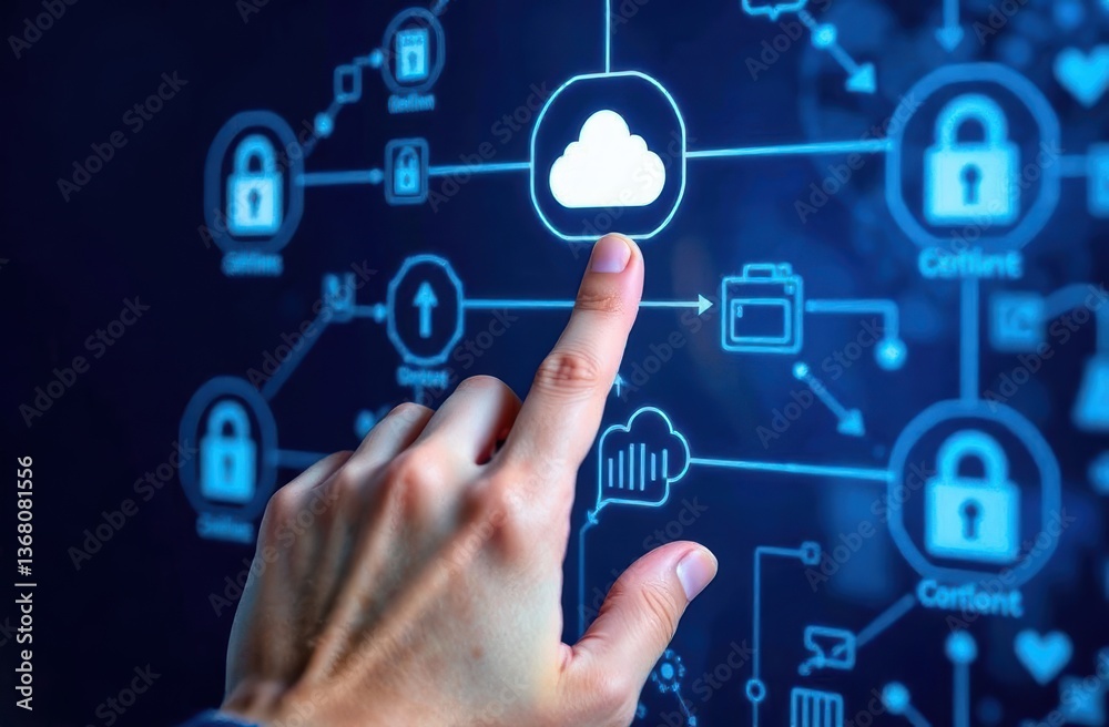 Hand touching a digital screen with icons of technology and online network connection, cloud storage, or security system on a dark blue background Hand touching a digital screen with icons of technology and online network connection, cloud storage, or security system on a dark blue background