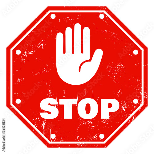 Distressed red stop sign with raised hand symbol, isolated on transparent background. Ideal for warning signs, safety messages, and cautionary designs. Vector art