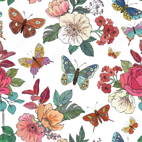 A seamless vector pattern featuring colorful butterflies and blooming flowers intricately arranged on a white background, creating a delicate and elegant nature-inspired design