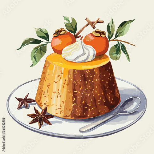 Watercolor Persimmon Pudding with Whole Fruit and Cinnamon