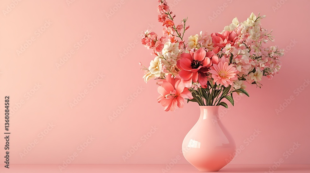 Naklejka premium Pink Delight: A Stunning Bouquet of Pastel Flowers in a Pink Vase