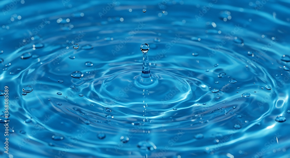 Water droplet impacts calm blue surface creating perfect concentric ripples. AI Generated Water droplet impacts calm blue surface creating perfect concentric ripples. AI Generated