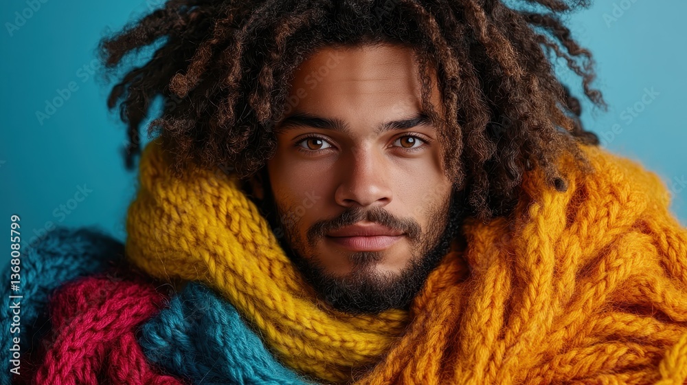 A charming man enveloped in oversized, vibrant knitwear radiates warmth and creativity, showcasing a blend of hues that highlight his engaging personality.