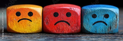 Three wooden blocks with sad faces, showcasing varied degrees of unhappiness