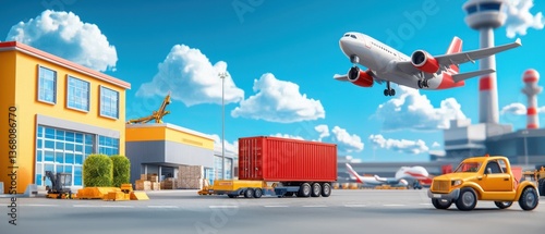 Busy Airport Cargo Terminal with Freight Planes and Loading Aerial view of a bustling airport freight hub with cargo planes, pallets, and forklifts moving goods for global trade and logistics.