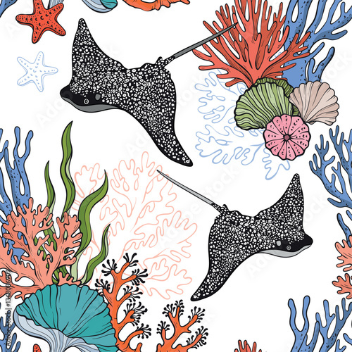 A seamless vector pattern featuring elegant spotted eagle rays swimming among colorful coral reefs, seaweed, and seashells in a vibrant underwater composition