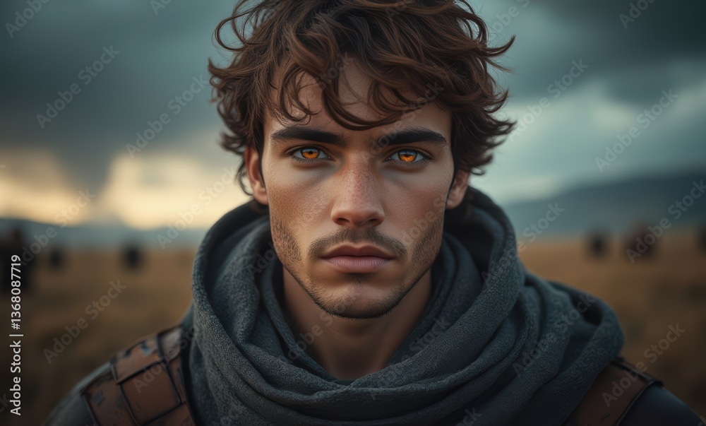 Young man with striking orange eyes in a dramatic landscape Young man with striking orange eyes in a dramatic landscape