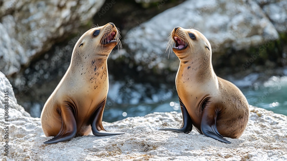 Fototapeta premium Two sea lion pups vocalizing on rocks near ocean