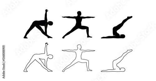 Set of three vector yoga silhouettes featuring Triangle Pose, Warrior II, and Shoulder Stand in solid and outline styles. Ideal for logos, prints, wellness branding, and spiritual design