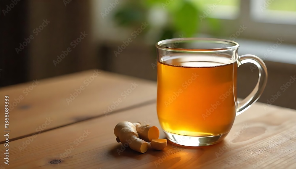 Hot ginger tea with fresh ginger root served in glass cup on a wooden table, promoting a healthy lifestyle with natural remedies, Complementary medicine, created with generative ai Hot ginger tea with fresh ginger root served in glass cup on a wooden table, promoting a healthy lifestyle with natural remedies, Complementary medicine, created with generative ai