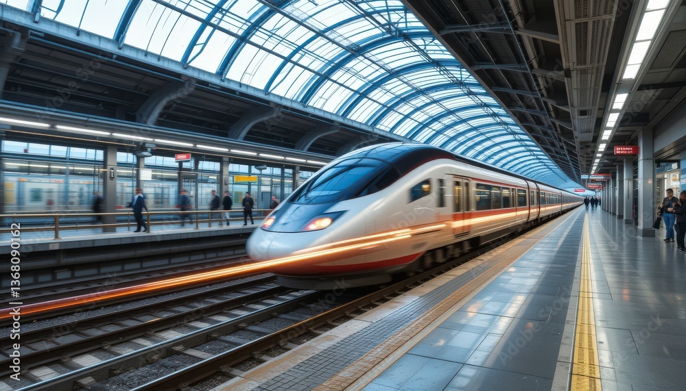 Fototapeta premium High Speed Train Arriving at Modern Station Platform