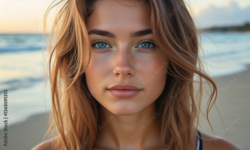Young woman with blue eyes by the beach at sunset Young woman with blue eyes by the beach at sunset
