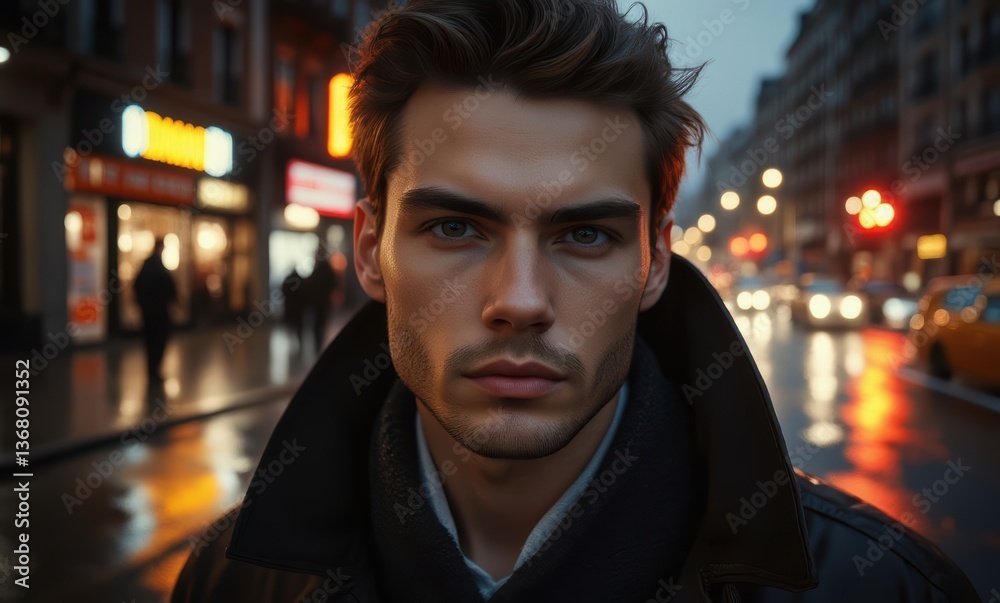 Handsome man in a dark coat on a rainy city street Handsome man in a dark coat on a rainy city street