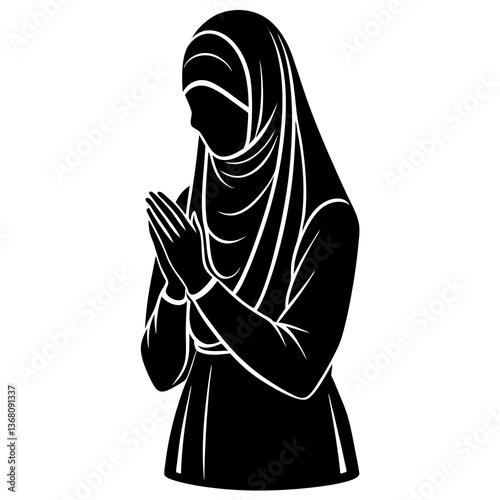 A silhouette of a Muslim woman in a prayer position (Sujood), with her hands raised in Dua (supplication), depicting a peaceful and respectful atmosphere