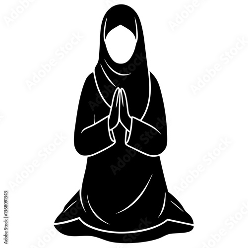 A silhouette of a Muslim woman in a prayer position (Sujood), with her hands raised in Dua (supplication), depicting a peaceful and respectful atmosphere