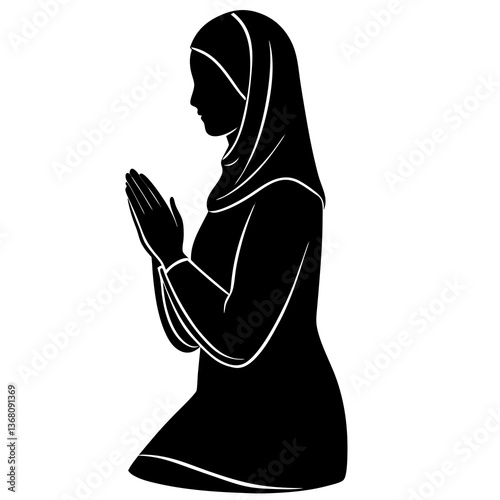 A silhouette of a Muslim woman in a prayer position (Sujood), with her hands raised in Dua (supplication), depicting a peaceful and respectful atmosphere