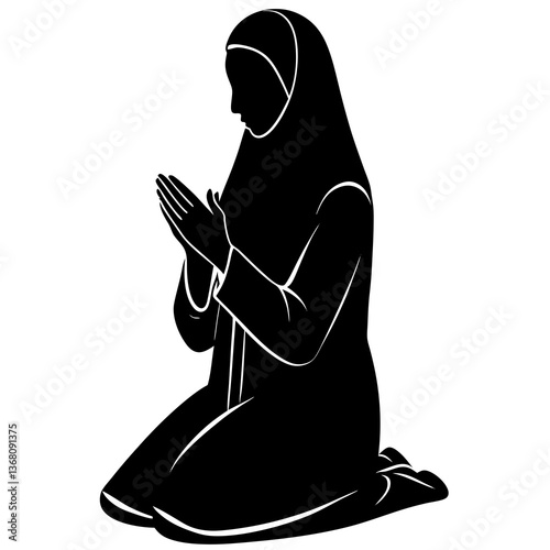 A silhouette of a Muslim woman in a prayer position (Sujood), with her hands raised in Dua (supplication), depicting a peaceful and respectful atmosphere