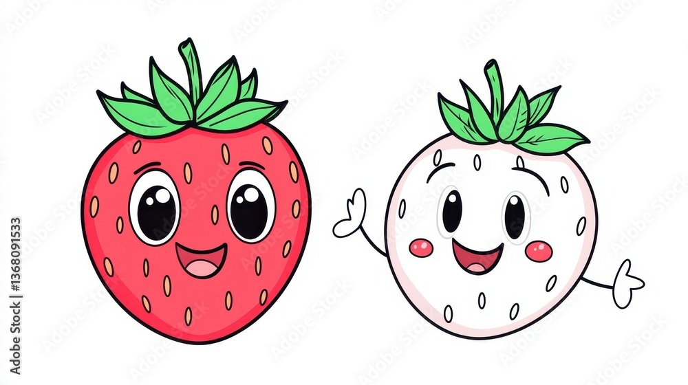 Obraz premium Cute Cartoon Characters of Red and White Strawberries with Smiles