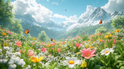 Fototapeta Naklejka Na Ścianę i Meble -  Mountain meadow wildflowers butterflies spring