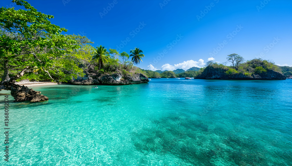 Fototapeta premium Idyllic tropical beach with crystal-clear turquoise water, lush greenery, and rocky islets under a vibrant blue sky
