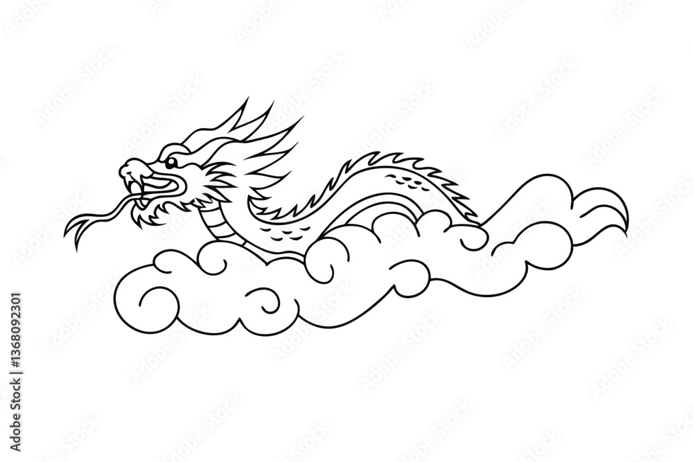 Fototapeta premium Chinese Dragon Tattoo Design, Cloud, Mythical Creature, Line Art, Asian, Symbol, Eastern, Power, Leg