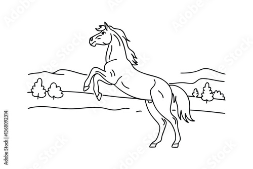 Majestic Horse Rearing Up in a Serene Landscape Drawing