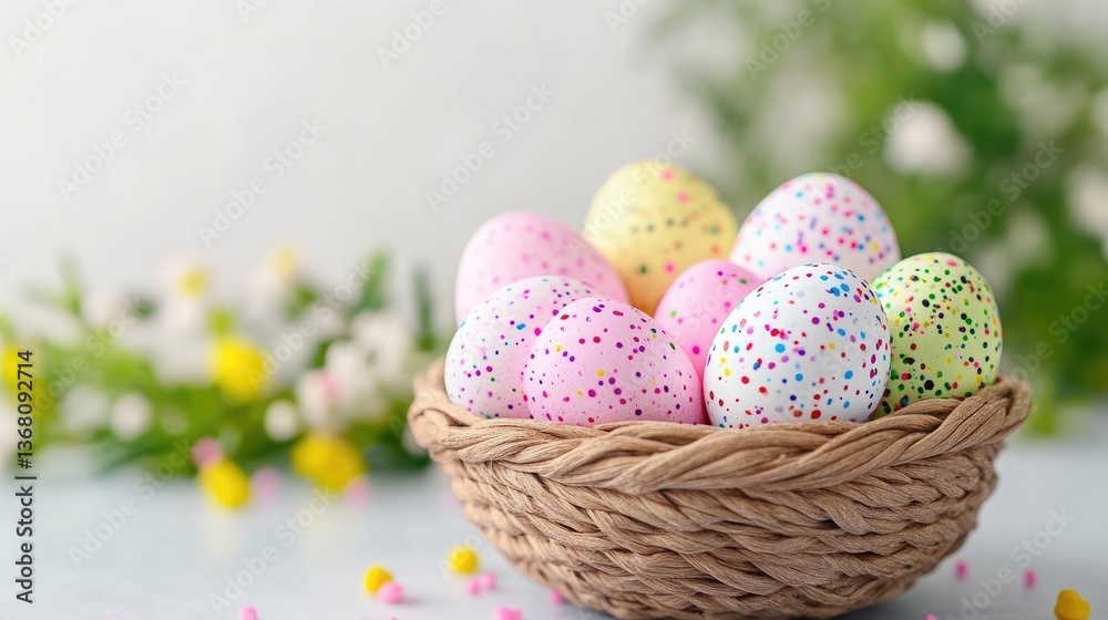 Easter eggs in a basket with spring flowers Easter eggs in a basket with spring flowers