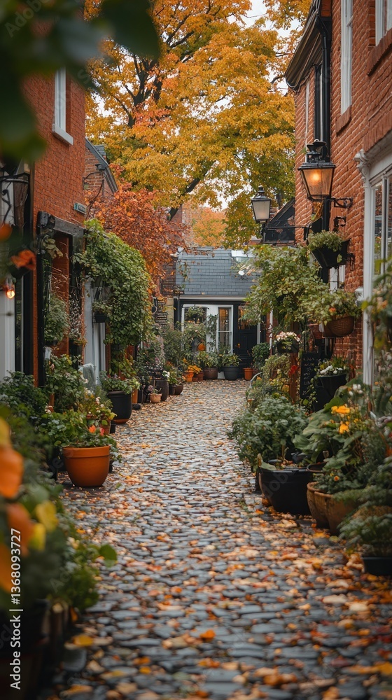 Fototapeta premium Cobblestone lane, autumn leaves, brick buildings, lush greenery