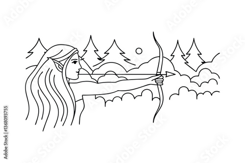 Elven Archer in Forest Landscape Line Art Drawing Illustration