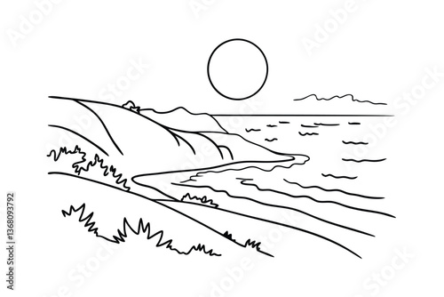 Simple Line Drawing Coastal Scene Sun, Sea, Sand, Hills