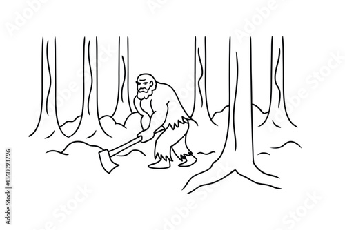 Ancient Caveman Lumberjack Chopping Wood in Forest Scene
