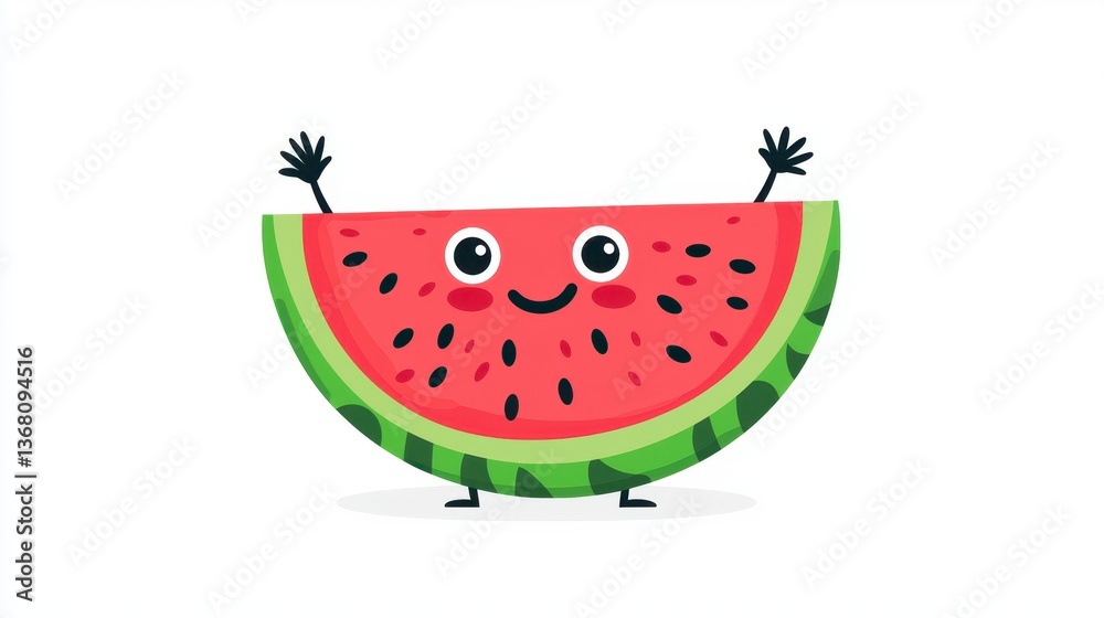 Cute cartoon watermelon slice character with smiling face and arms Cute cartoon watermelon slice character with smiling face and arms