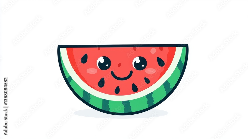 Cute Cartoon Watermelon Slice with Smile and Blush on White Background