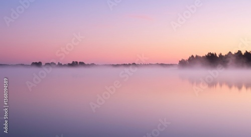 Serene dawn over a misty lake with soft pastel colors reflecting on the water