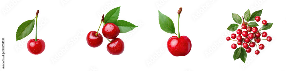 A cluster of luscious ripe red cherries with green leaves still attached growing on a branch with a natural organic appearance A cluster of luscious ripe red cherries with green leaves still attached growing on a branch with a natural organic appearance