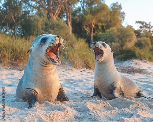 Australian sea lions, beach, playful, sunset, wildlife photo