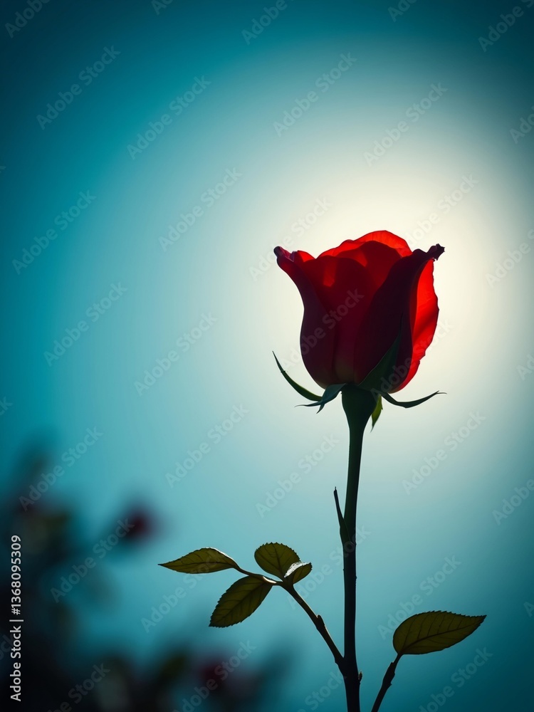 Obraz premium Shadow Silhouette Red Rose Against a Clear Blue Sky - Floral Wallpaper Background