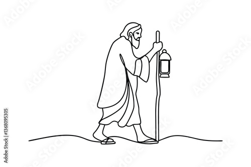 Biblical Figure Walking Night Journey Lantern SingleLine Art