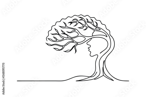 OneLine Drawing Tree of Life, Mind, Nature, Growth, Wisdom