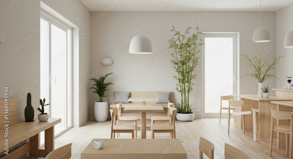 Fototapeta premium Serene Minimalist Cafe Soft Light Interior Design. AI Generated