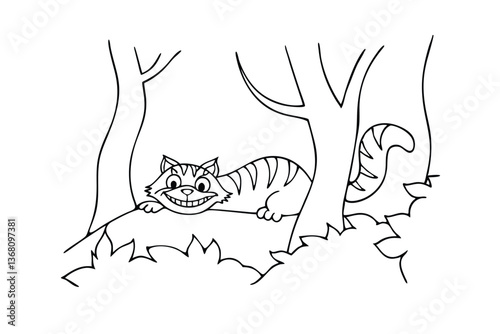 Cheshire Cat Coloring Page Grinning, Woods, Cartoon, Illustration, Alice, Wonderland, Trees, Smiling