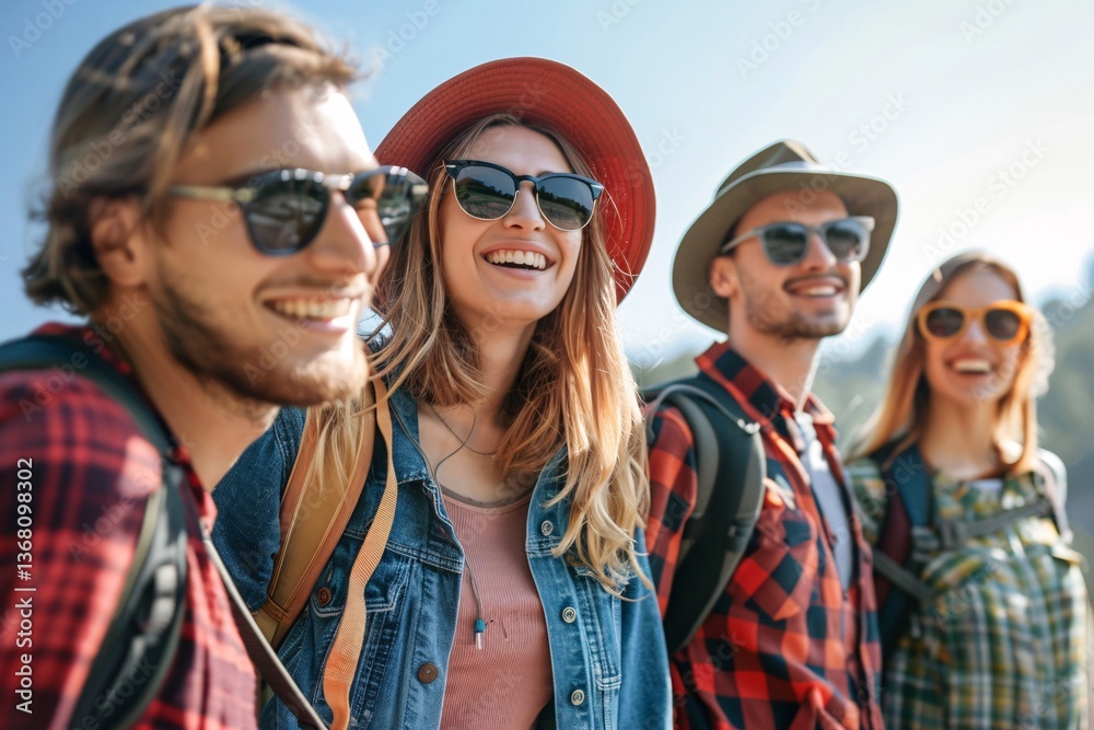 Group of friends enjoying a sunny day out in the mountains wearing sunglasses Group of friends enjoying a sunny day out in the mountains wearing sunglasses