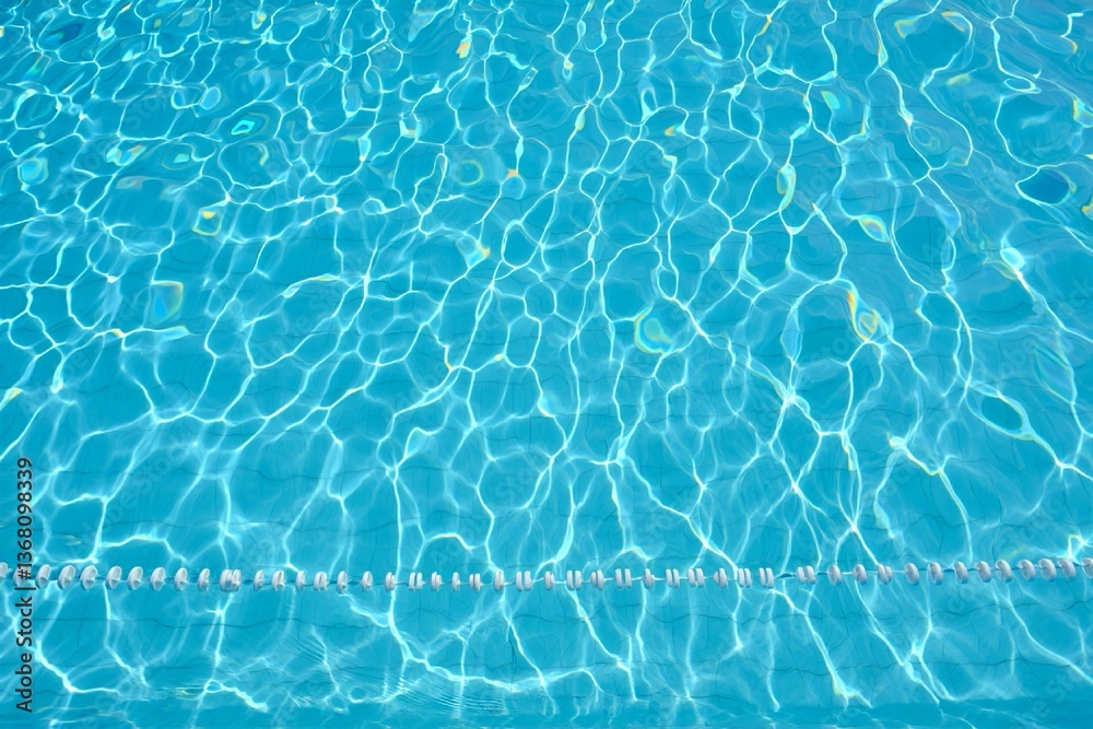 Obraz premium close-up photograph capturing the rippling aqua-blue water surface of a swimming pool, where sunlight creates intricate patterns of light refraction, waves, and ripples, perfect for poolside advertise