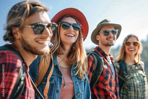 Group of friends enjoying a sunny day out in the mountains wearing sunglasses