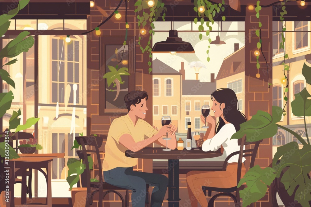 Couple shares a romantic dinner at a restaurant, savoring the city view and each other's company Couple shares a romantic dinner at a restaurant, savoring the city view and each other's company